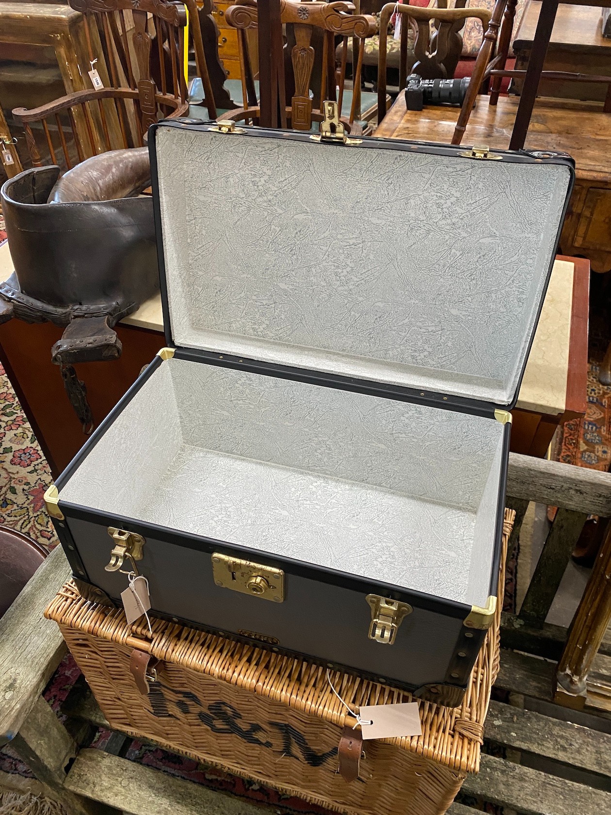 A Fortnum and Mason wicker hamper, width 58cm together with a smaller Mossman trunk
